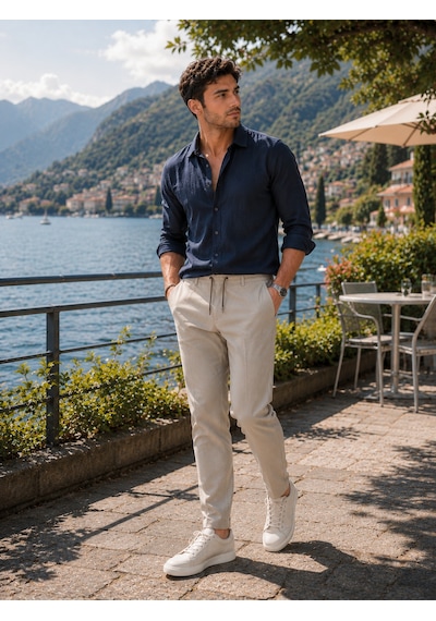 Luxıc Core Erkek Keten Karışımlı Casual Pantolon Rahat Kalıp Şık Tasarım Krem
