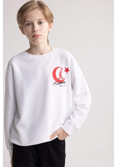 DeFacto Erkek Çocuk Beyaz Bisiklet Yaka Atatürk Baskılı Nakışlı Sweatshirt D8200A824WNWT34