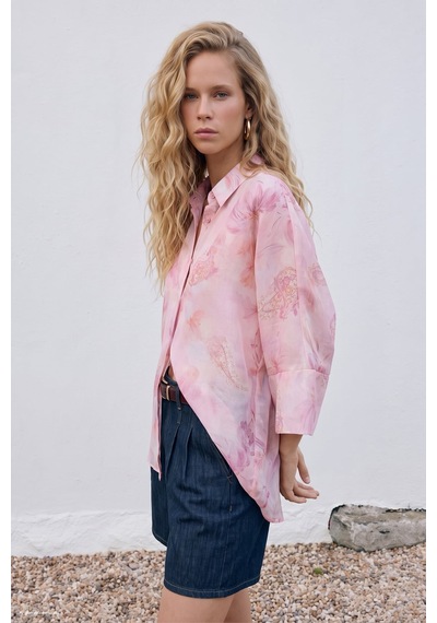 Sateen Yarasa Kol Desenli İnce Gömlek - Pembe-137689