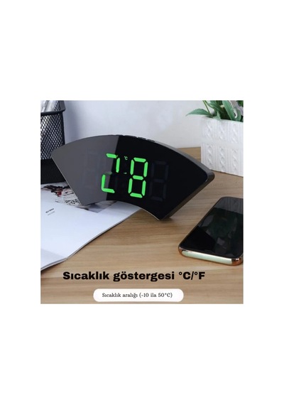 Dekoratif Masaüstü Dijital Saat Kavisli Sıcaklık Tarih Ölçen Şık Usb Aynalı Led Işıklı Alarmlı Saat Siyah
