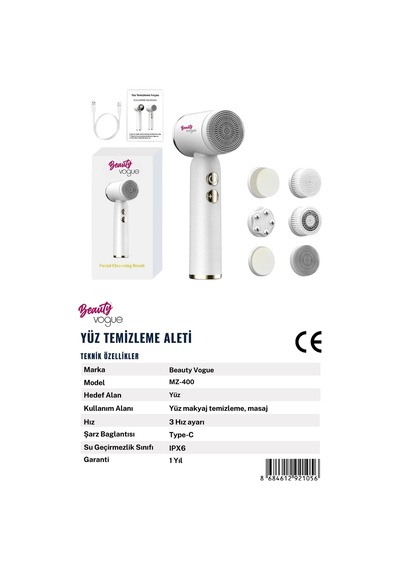 6 Başlık 3 Aşamalı Led Şarjlı Ekranlı Peeling Yüz Masaj Cilt Bakım Cihazı Aleti Frimatör Brush Beyaz