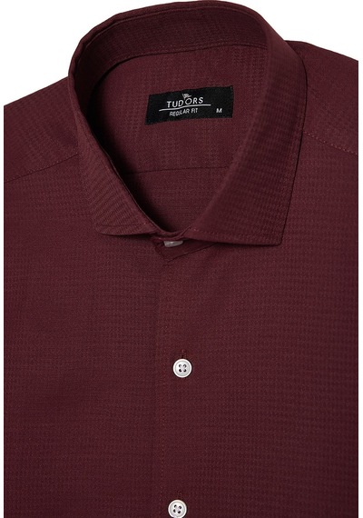 Tudors Erkek Regular Fit Klasik Kesim Pamuklu Kolay Ütü Armürlü Bordo Gömlek-52151