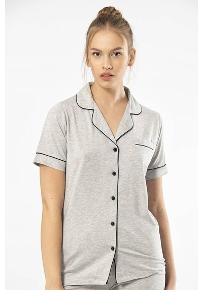 Düz Kısa Kollu Gömlek Yaka Pijama Takım 001