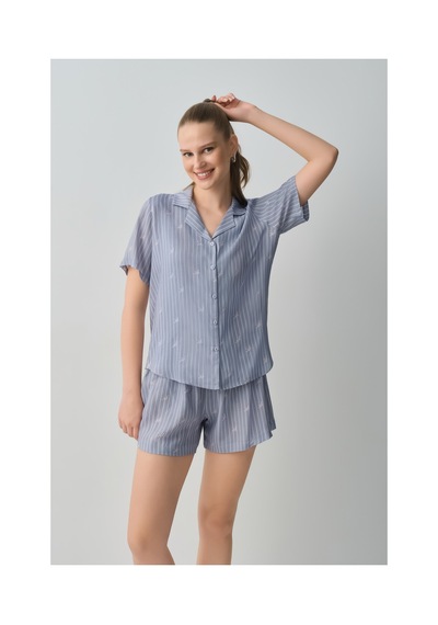 Suwen Jade Gömlek Yaka Şort Pijama Takımı Wsh109100241075 Mavi