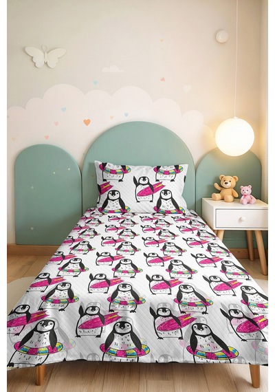 Evimde Bambaşka Penguen Pembe Çocuk Odası Tek Kişilik Pike Takımı-modern Siyah Beyaz 160x220 CM Kapitone Yatak Örtüsü