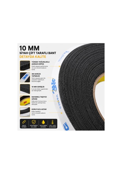 Scotch Çift Taraflı Bant 10 Mm X 50 Metre Güçlü Yapıştırıcı Siyah Akrilik Bant Ekran Cam Kasa Kapak Tamir Bandı