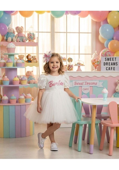 Butikhappykids Kız Çocuk Barbiee Temalı Tütülü Taçlı Elbise 3-7 Yaş Beyaz