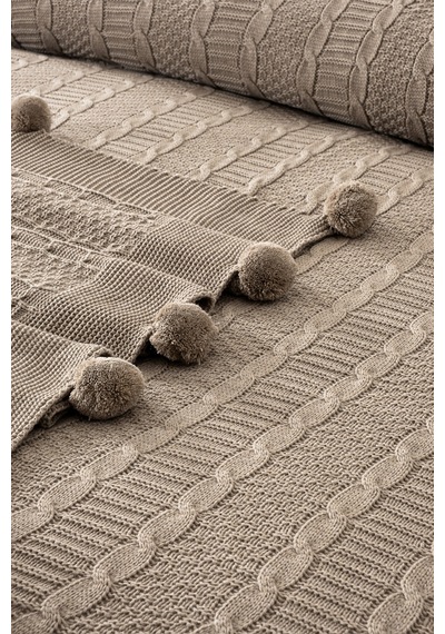 Sevim Çift Kişilik Ponponlu Triko Örme Battaniye - Yumuşak Doku & Şık Tasarım - Mint Yeşili - 220x240 Cm Bej Bej