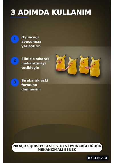 Pikaçu Squishy Sesli Stres Oyuncağı Düdük Mekanizmalı Esnek Figür 12 Adet Bx-316714
