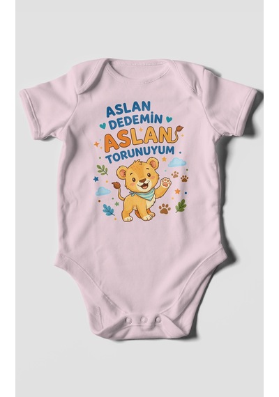 Morivokids Aslan Dedemin Aslan Torunuyum Kısa Kollu Bebek Body %100 Pamuk Bebe Pembe