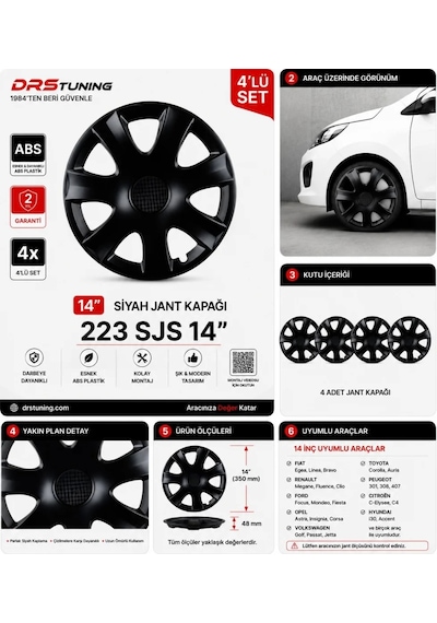 Alfa Romeo Uyumlu 14 Inc Kırılmaz Parlak Siyah Jant Kapağı 1 Takım 4 Adet No:223