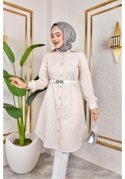 Harman Butik Kemerli Çizgili Keten Gömlek Bej Bej