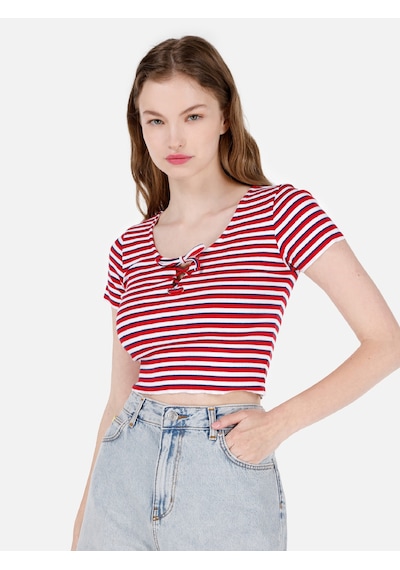 Colin's Colins Slim Fit Derin Yuvarlak Yaka Desenli Kırmızı Kadın Kısa Kol Tişört Cl1069122 Q1.v1 Red Kırmızı
