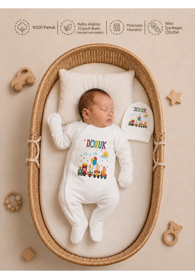 Pia Baby Yeni Doğan Erkek Bebek 4 Parça Hastane Çıkışı Seti %100 Pamuk Kişiye Özel İsimli Battaniyeli Tulum Set 2050bt3x Krem
