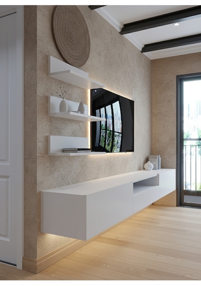 Resital Ledli Duvara Monte Tv Sehpası - Beyaz - W6018-1 Beyaz