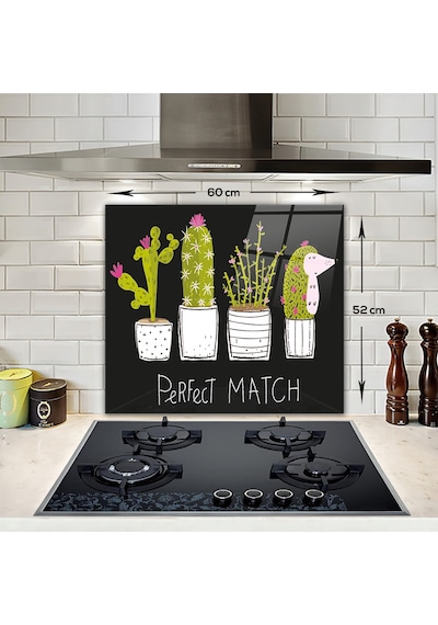 Cam Ocak Arkası Koruyucu | Perfect Match-Siyah Fon | 52cm x 60cm