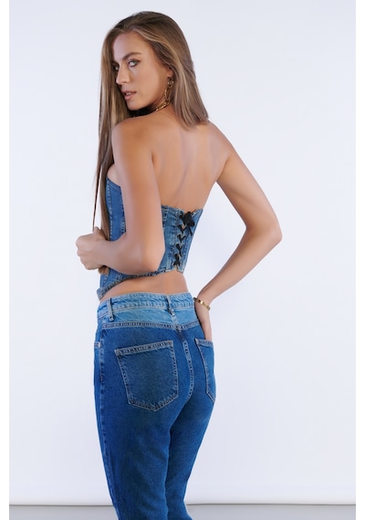 Lacivert Yüksek Bel Yama Detaylı Mom Jeans-lacivert Lacivert