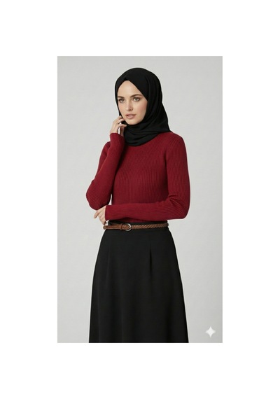 Sonbaharmoda Kadın Boğazlı Likralı Triko Badi Parmak Geçmeli Kol, Tek Beden,100% Akrilik Kırmızı
