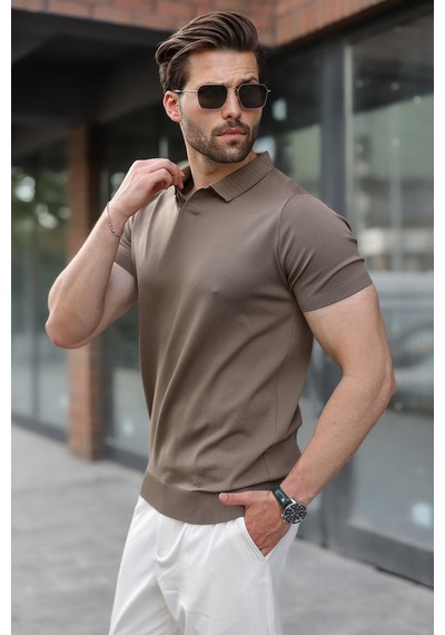 Madmext Açık Kahverengi Regular Fit Polo Yaka Triko Erkek Tişört E7502