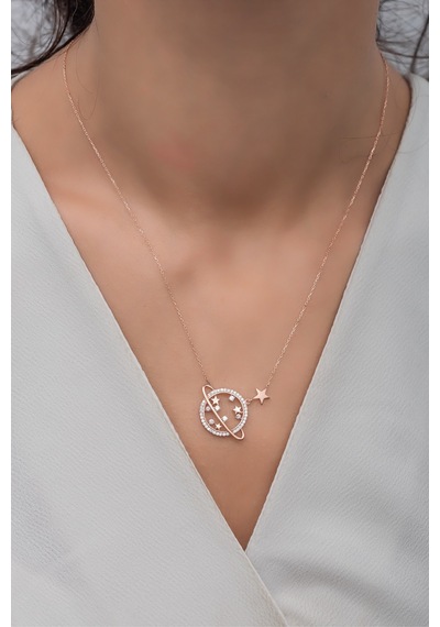 925 Ayar Gümüş Zirkon Taşlı Gezegen Kolye Rose Gold