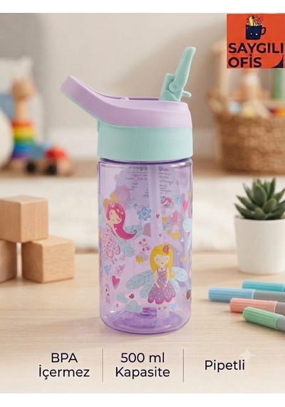 Saygılıofis 3114 Desenli Matara 500 Ml Sevimli Prenses Beyaz