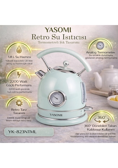 Yasomi YK-823NTSL 2200 W 360 Döner Taban Kablosuz Kullanım Retro Su Isıtıcı