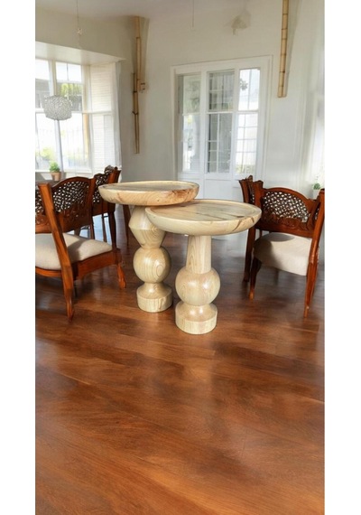 Wood Ahşap 2'li Set Fitilli Mantar Yan Sehpa Modern Fiskos / Naturel Renk / Zigon Sehpa Vernikli Naturel