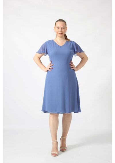 Moda Berray 3297 İndigo Kolu Fırfırlı Bele Oturan Astarlı Şifon Elbise İndigo