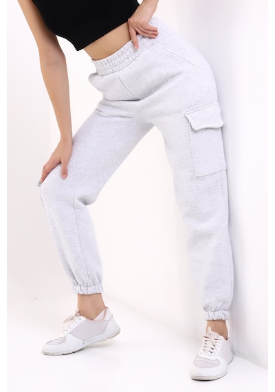 Winmoda34 Kadın Jogger Kalın 3 İplik Yandan Cepli Kargo Eşofman Altı Griii