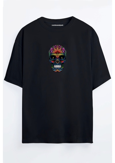 Renkli Kurukafa Baskılı Unisex Siyah - Beyaz - Turuncu - Bej Oversize T-shirt SIYAH