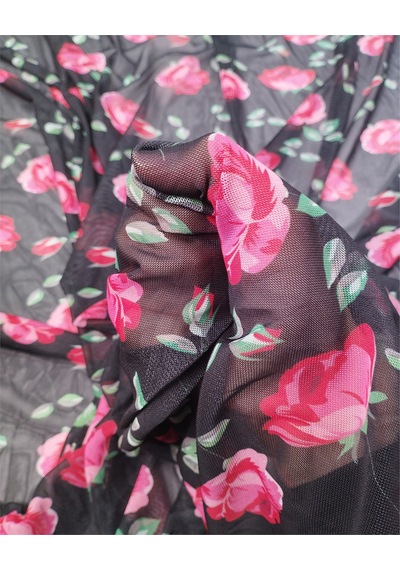 Siyah Üzeri Gül Desenli İnce Esnek Yumuşak File Örme Kumaş Elbiselik & Bluzluk En: 150cm-12611