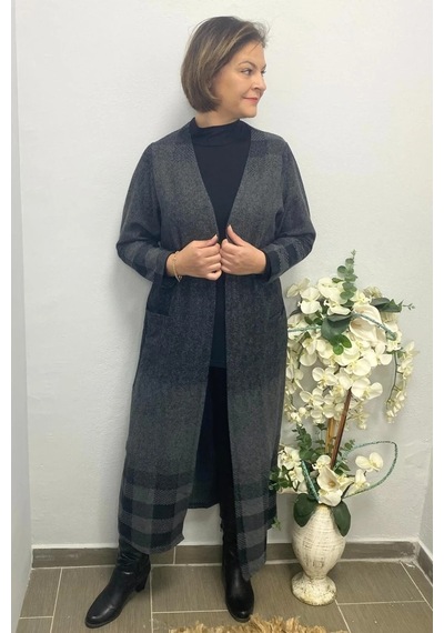 Mia Butik Büyük Beden Siyah Desenli Uzun Hırka Siyah