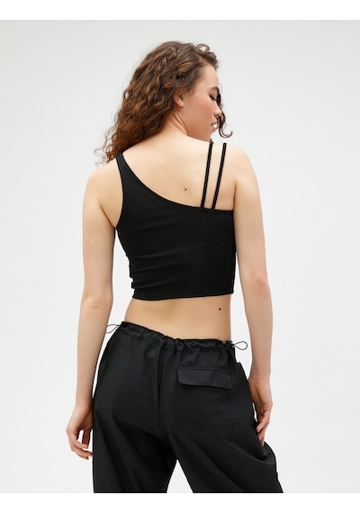 Koton Crop Fitilli Atlet Asimetrik Yaka Siyah 3sal30065ık 3SAL30065IK999 Siyah