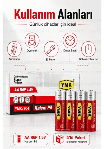Ymk Aa R6p 1.5v Karbon Kalem Pil 4'lü Paket Kumanda, Saat, Oyuncak Ve El Feneri İçin Ekonomik Pil
