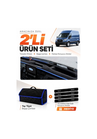 E-biz Ford Transit Tip 1 2020-2025 Uyumlu Torpido Örtüsü + Tay Tüyü Çanta - Siyah-mavi - Fo032