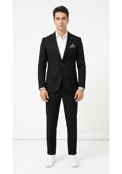 Pike Kumaş Jogger Pantolonlu Erkek Takım Elbise Torba Cepli Tek Düğme Slim Fit Kombin Siyah