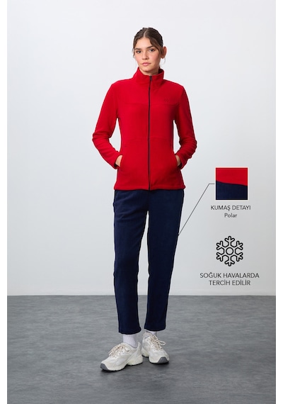 Tommy Life Kırmızı-lacivert Kalın Yumuşak Dokulu Dik Yaka Oversize Nakışlı Polar Kadın Eşofman Takım -95339 Kırmızı - Lacivert