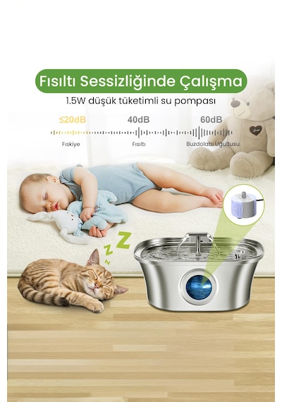 3.2 L Çiftli Paslanmaz Çelik Kedi Köpek İçin Otomatik Su Pınarı Su Çeşmesi Su Sebili Sessiz Pompalı