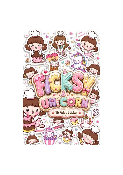 Sevimli Kawaii Unicorn Pastacı Kız Sticker Seti - 16 Adet Etiket Çıkartma Diğer