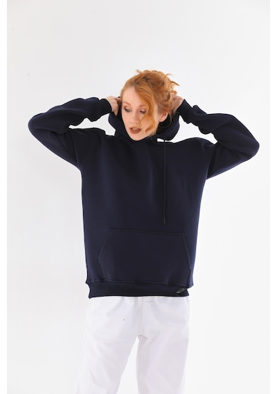 Everest Everst Kapüşonlu 3 İplik Şardonlu Cepli Sweatshirt Lacivert