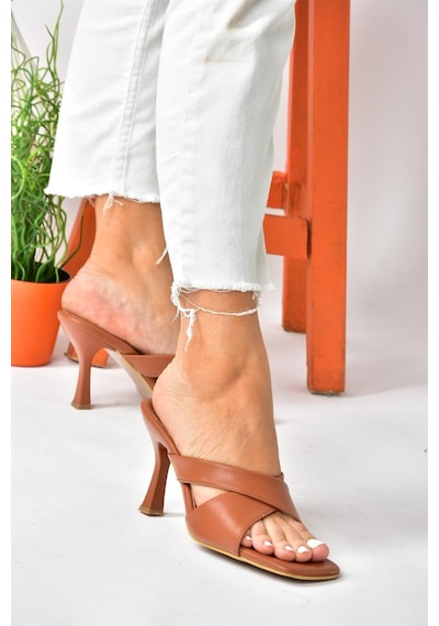 Fox Shoes Taba Çapraz Bantlı Kalın Topuklu Kadın Terlik P590033009 Taba-suni Deri Taba