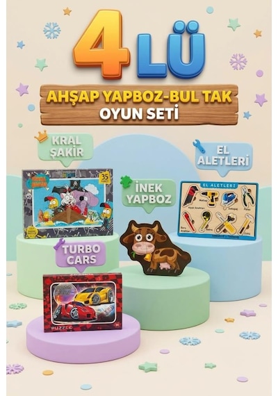 Öğterici Eğitici Ve Eğlenceli 4'lü Frame Yapboz Hikayeli Ve Bul-tak Oyunu Seti Takımı Renkli