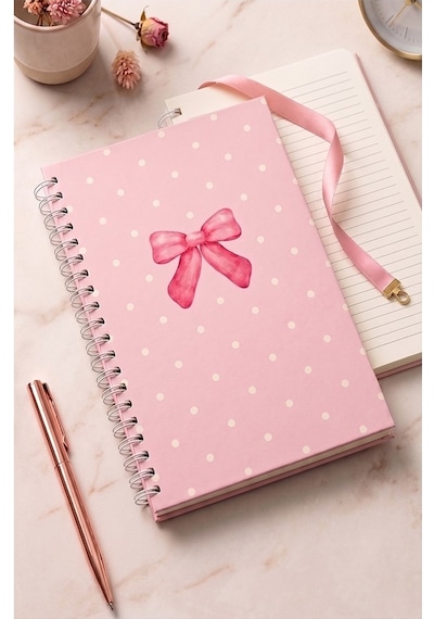 Kurdele Desenli Sert Kapak Spiralli Çizgili Defter 17x24cm 120 Yaprak 1 Adet Not Defteri Okul Büro Ofis Defteri Pembe