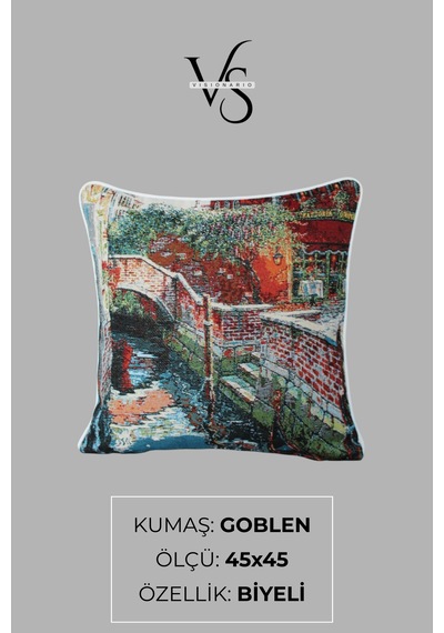 Kırlent Kılıfı Goblen Dokuma Kumaş - 45x45cm Çift Taraflı Biyeli Dekoratif Kırlent Kılıfı - Vs-168 Çok Renkli