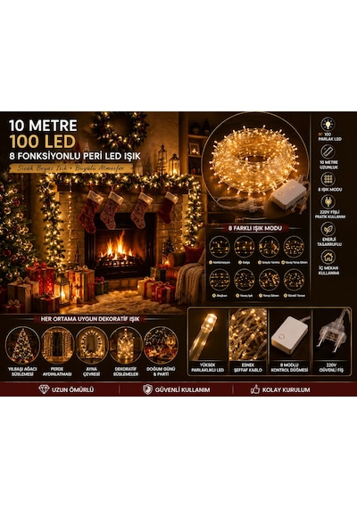 Gün Işığı Peri Led Işık 8 Fonksiyon 10 Metre 100 Ledli Dekoratif Yılbaşı Ağacı Parti Ev Oda Süsleme Diğer