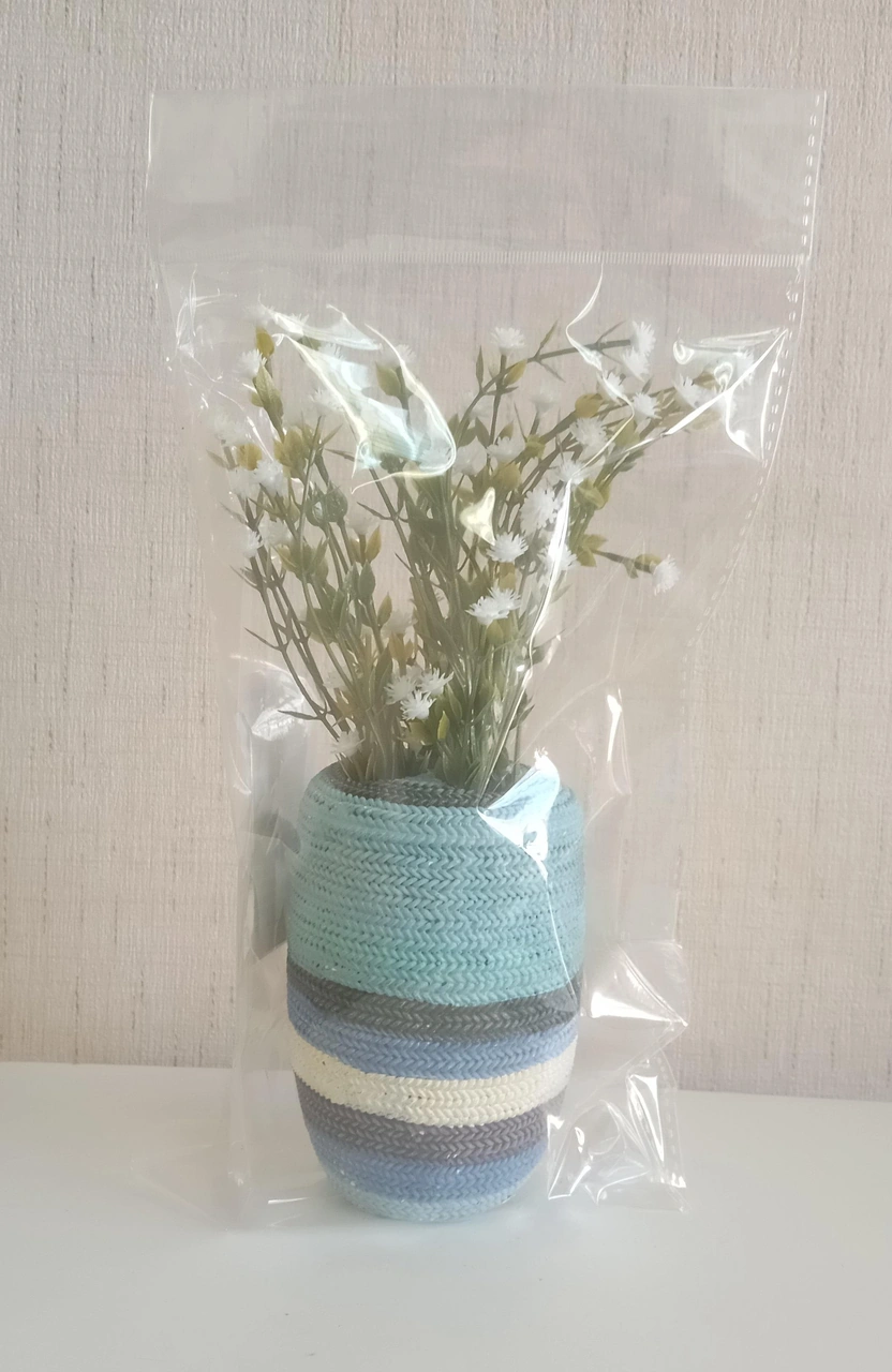 2 Adet Vazo Dahil,vazoda Çiçek,beyaz Yapay Çiçek,vazo Dekoratif Mavi Örgü Poliresin 7x7x16cm Çok Renkli