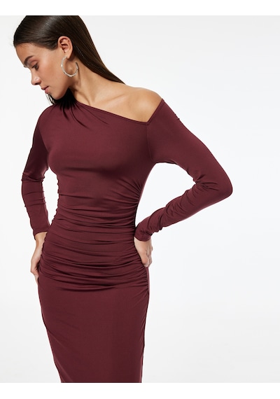 Koton Asimetrik Yaka Uzun Kollu Drapeli Midi Elbise Bordo 6wal80064ık Bordo