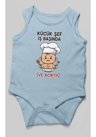 Küçük Şef İş Başında Ve Acıktı Baskılı Bebek Zıbını Çıtçıtlı Body 8 Renk %100 Pamuk Sıfır Kol Bebe Mavisi