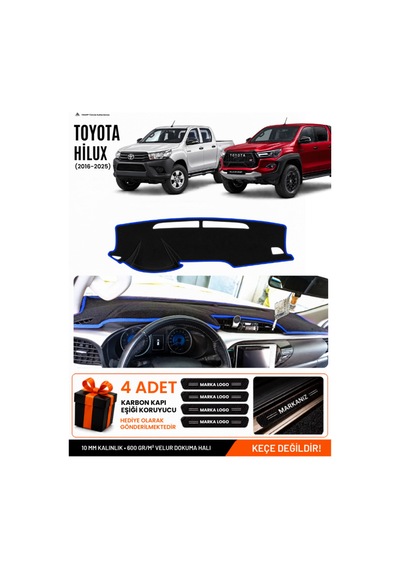 Toyota Hilux 2016-2025 Uyumlu Torpido Koruma, Torpido Örtüsü, Torpido Kılıfı - Siyah Mavi