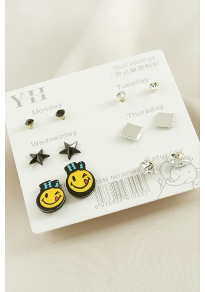 Ilkeshop 12 Adet Emoji Metal Taşlı Küpe-gümüş Rengi